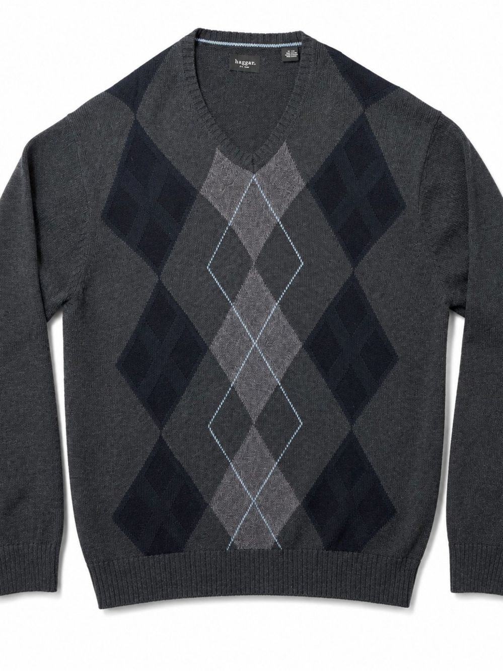 Haggar Men's Dark Gray and Black Argyle V-Neck Sweater